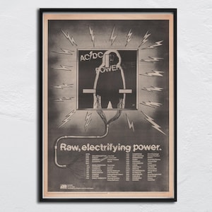 AC/DC - Póster original de 1978 de NME - Powerage / Potencia cruda y electrizante - Bon Scott, Angus Young, Brian Johnson, Malcolm Young