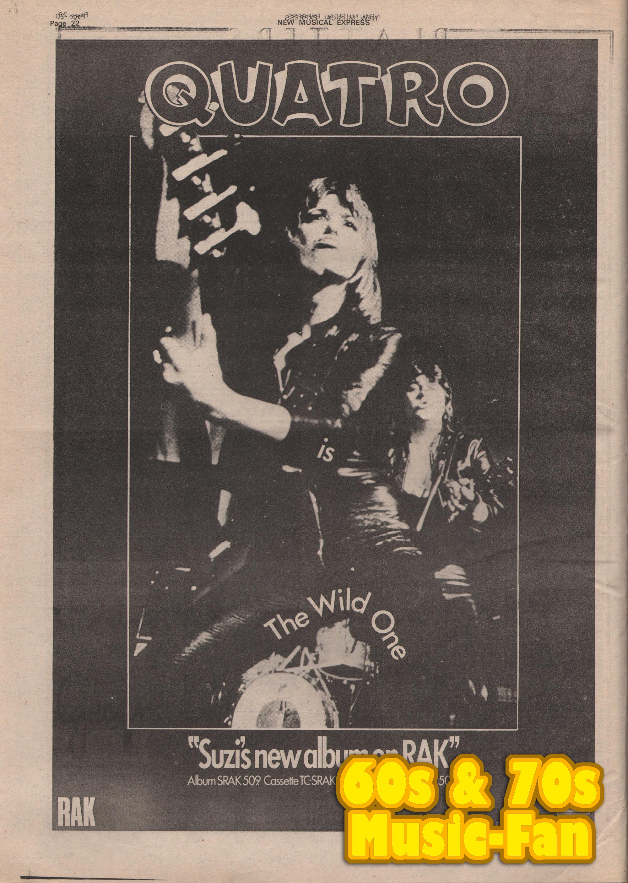 SUZI QUATRO - 1974 Poster Original NME - the Wild One / Alastair