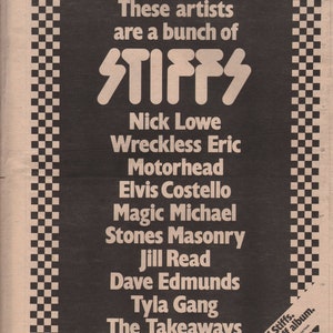 May include: A black and white checkered background with a white text box. The text box says "These artists are a bunch of STIFFS" in large white letters. Below the text box is a list of artists in white text: Nick Lowe, Wreckless Eric, Motorhead, Elvis Costello, Magic Michael, Stones Masonry, Jill Read, Dave Edmunds, Tyla Gang, The Takeaways. The text box is surrounded by a black and white checkered border. The bottom of the image has a yellow and black checkered background with the text "60s & 70s Music-Fan" in yellow letters. The text box says "A Bunch of Stiffs. Another great Stiff album." in white letters.