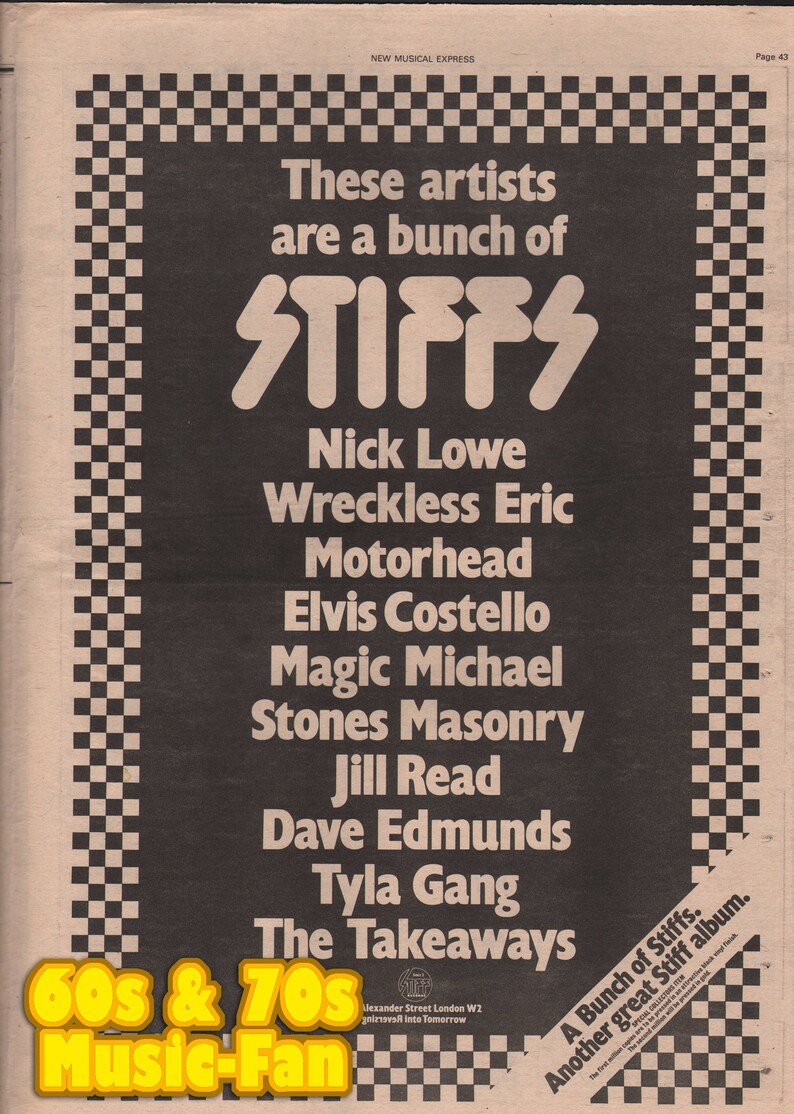 May include: A black and white checkered background with a white text box. The text box says "These artists are a bunch of STIFFS" in large white letters. Below the text box is a list of artists in white text: Nick Lowe, Wreckless Eric, Motorhead, Elvis Costello, Magic Michael, Stones Masonry, Jill Read, Dave Edmunds, Tyla Gang, The Takeaways. The text box is surrounded by a black and white checkered border. The bottom of the image has a yellow and black checkered background with the text "60s & 70s Music-Fan" in yellow letters. The text box says "A Bunch of Stiffs. Another great Stiff album." in white letters.