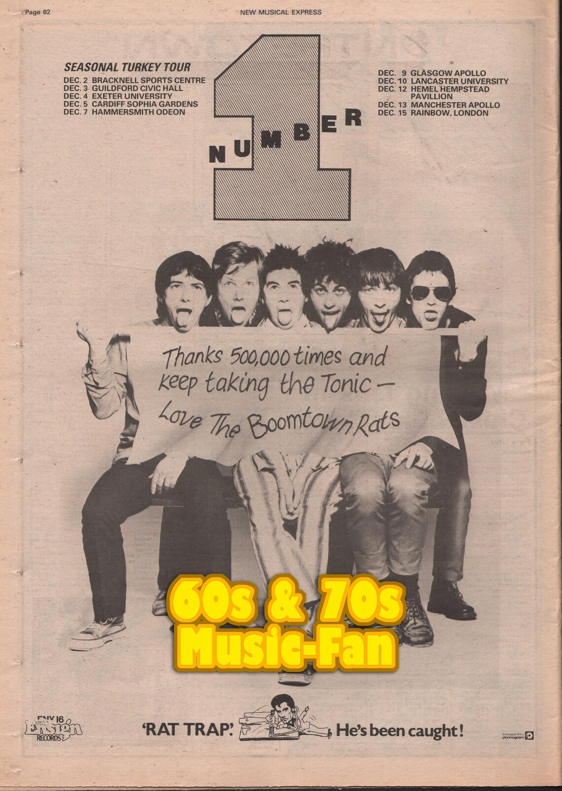 BOOMTOWN RATS - 1977 Original NME Poster - Rat Trap - Bob Geldorf ...