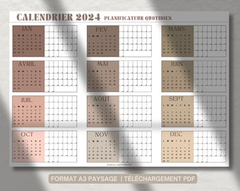 Planificateur journalier mural,Calendrier 2024 imprimable français, 12 mois lundi au dimanche, PDF numérique, Minimaliste, A3 A1 Paysage