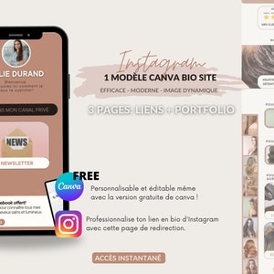 以下が含まれることがあります： ピンクと白の電話画面のモックアップで、「Instagram 1 モデル Canva バイオサイト」と「効果的 - モダン - ダイナミックな画像 3 ページ: リンク + ポートフォリオ」というテキストが表示されています。電話画面には、女性の顔と「Julie Durand」と「ようこそ。私がどのようにあなたの美しさを高められるか、ここで発見してください！」というテキストが表示されています。電話画面には、「プライベートチャンネルに参加する」というボタンと「ニュースレター」というボタンも表示されています。 「無料」というテキストは、白い Canva ロゴが付いた青い円の中にあります。「Canva の無料バージョンでも、パーソナライズして編集できます！」というテキストは、Canva ロゴの下にあります。「このリダイレクトページを使用して、Instagram のバイオのリンクをプロフェッショナルにしましょう。」というテキストは、「無料」というテキストの下にあります。「インスタントアクセス」というテキストは、ピンク色の長方形の中にあります。画像には、ヘアカラー、カット、スタイリングなど、さまざまなヘアケアサービスも表示されています。