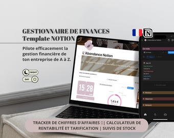 May include: A laptop and smartphone displaying a financial management template. The laptop screen shows "L'Abondance Notion" with financial data. The smartphone displays a dark-themed interface with financial details. Text includes "GESTIONNAIRE DE FINANCES Template NOTION".