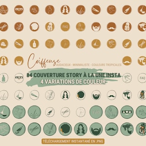 Pakket met 84 Instagram-verhaalpictogrammen | Illustratie van kapper | Terracottagroen | PNG-afbeelding voor covers van uitgelichte verhalen | Branding van kapsalon
