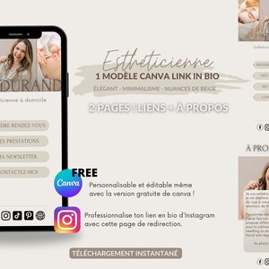Peut inclure: L'écran d'un téléphone portable beige et marron affichant un modèle Canva pour une page de lien dans la bio d'une esthéticienne. Le modèle présente une photo d'une femme, le texte "Estheticienne", et des boutons pour prendre rendez-vous, consulter les services, s'abonner à une newsletter et contacter l'esthéticienne. Le modèle comprend également un logo "Canva gratuit" et un appel à l'action pour télécharger le modèle.
