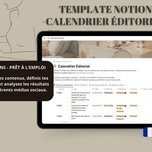 Peut inclure: Capture d'écran d'un modèle Notion pour un calendrier éditorial. Le modèle est en français et comprend une section pour planifier le contenu, définir les objectifs et analyser les résultats. Le modèle est conçu pour aider les utilisateurs à planifier et à suivre leur contenu sur les médias sociaux.