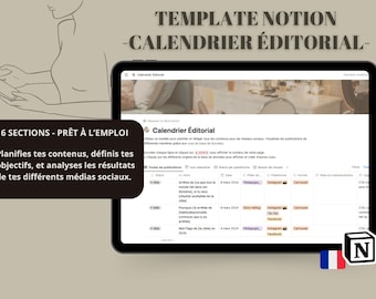 Calendrier éditorial Notion template | planificateur français de contenu | Gestion de réseaux sociaux | Analyse statistique | Organisation