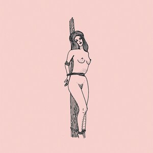 May include: A black and white illustration of a nude person tied to a wooden post with rope. The person has long hair and is facing forward. The background is a solid light pink color.