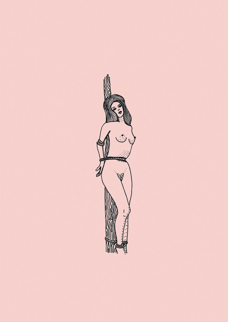 May include: A black and white illustration of a nude person tied to a wooden post with rope. The person has long hair and is facing forward. The background is a solid light pink color.