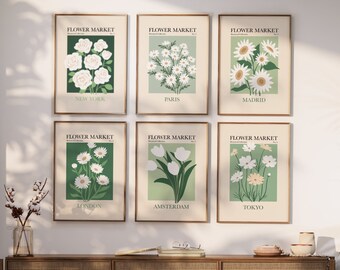 Flower Market Print Set, 6 Piece Gallery Wall, Sage Green Living Room Decor, Botanical Poster, Sage Green Wall Art, Floral Printable Art