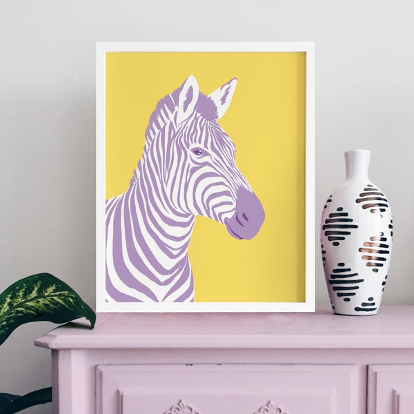 Colorful Zebra Art Print, Zebra Pop Art, Animal Poster, Maximalist Poster Download, Printable Wall Art, Digital Print, Purple Yellow Poster