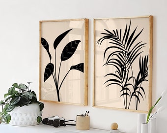 Set of 2 Botanical Prints, Palm Leaves Prints, Minimalist Printable Wall Art, Neutral Art Prints, Beige Black Wall Art, Boho Print Set