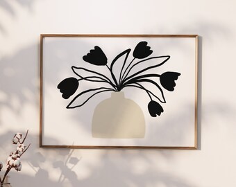 Minimalistic Floral Art, Modern Floral Printable, Boho Botanical Poster, Contemporary Art Piece, Neutral Colors Wall Art, Vase Print