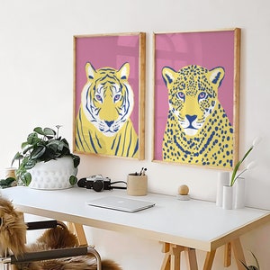 Eclectic Print Set of 2 Big Cat Prints, Maximalist Art Print, Jaguar Leopard Tiger Illustrations, Jungle Animal Poster, Vibrant Wall Art