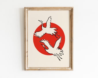 Crane Bird Print, Japanese Poster, Flying Birds Wall Art, Minimalistic Home Decor, Printable Art, Japan Lover Gift, Crown Crane Digital Art