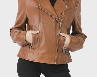 Chaqueta de cuero marrón de moda para mujer, estilo motero.