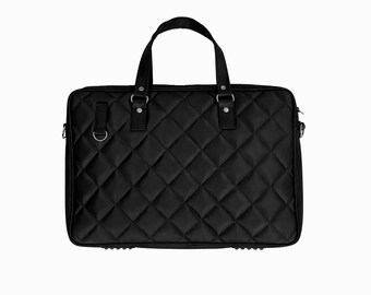Maletín negro acolchado para portátil, maletín de oficina de piel sintética, diseño minimalista profesional.