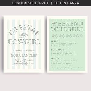 Blue Coastal Cowgirl Bachelorette Invitation and Itinerary | Canva Template | Coastal Bachelorette | Beach Bachelorette | Hen Weekend