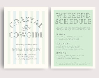 Blue Coastal Cowgirl Bachelorette Invitation and Itinerary | Canva Template | Coastal Bachelorette | Beach Bachelorette | Hen Weekend
