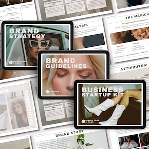 May include: A set of digital marketing templates for a business startup kit. The templates include sections for brand strategy, brand guidelines, business startup kit, and brand story. The templates feature a modern design with a focus on visual appeal and easy-to-read text.