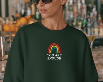 Geborduurd You Are Genoeg-sweater | Positieve bevestiging ronde hals | Bewustwording geestelijke gezondheid | Zelfliefde crew | Zelfzorgteam