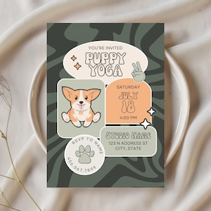 Puede incluir: Una tarjeta de invitación de Puppy Yoga con un diseño retro. La tarjeta presenta un corgi de dibujos animados, el texto "Puppy Yoga", la fecha, la hora y la información del estudio. El fondo tiene un patrón de remolino verde y blanco.