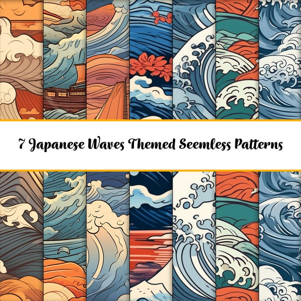 7 Seamless Japanese Wave Themed Patterns for digital paper, clothing, brochures, cards, gift wrapping, crafts, tiled patterns