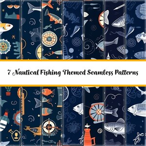 Nautical Fishing Seamless Patterns, Maritime Digital Paper (Digital Download)