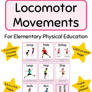 May include: A printable educational poster set titled Locomotor Movements for Elementary Physical Education. It features nine individual cards showing children performing movements like jump, slide, gallop, leap, hop, skip, walk, and run, each with instructional cues on 8.5 in x 11 in pages.