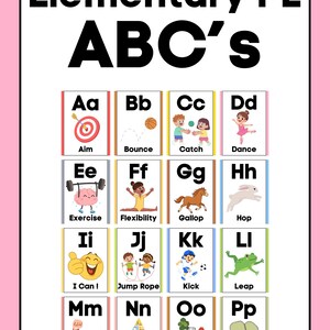 May include: An educational poster titled Elementary PE ABC's featuring a grid of letters from A to P. Each letter is paired with a corresponding physical activity illustration and label, such as Aim for A, Bounce for B, Catch for C, and PickleBall for P.
