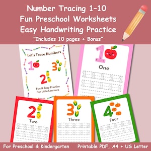Number Tracing Worksheets 1 to 10, Printable Handwriting Practice for Preschool and Kindergarten, Learn to Write Numbers, Ages 3 to 5, PDF