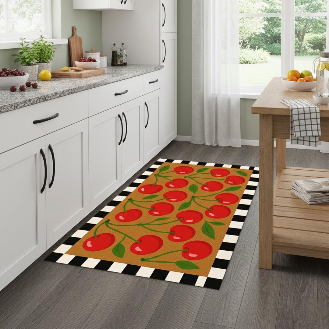 Cherry Groove Rug – Retro Red Cherry Pattern Kitchen Carpet With Black ...