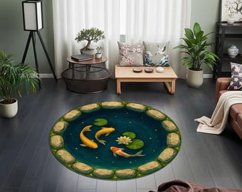 Koi Pond Harmony Rug – Round Koi Fish Carpet with Water Lily and Rock Frame, Tranquil Japanese Inspired Rug for Peaceful Zen Home Decor