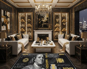 Luxury Black and Gold 100 Bill Area Rug | Franklin Money Art Floor Mat, Dollar Rug,Money Rug,Black Dollar Rug,Hundred Bucks Rug,Cash Rug,