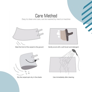 May include: A diagram showing how to clean a carpet. The steps include beating the carpet, scrubbing it with a brush and detergent, and letting it air dry. The text reads "Care Method: Easy to clean and care, can be washed by hand or machine."