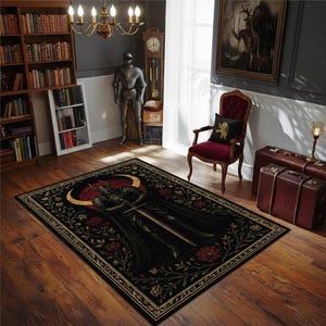 Dark Knight Gothic Rug – Medieval Warrior Carpet with Red Moon and Floral Border for Fantasy Game Room or Bedroom Decor