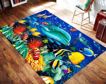 Alfombra de acuario, Alfombra de peces, Alfombra de delfines, Alfombra marina, Alfombra oceánica, Alfombra con temática oceánica, Alfombra con temática marina, Alfombra popular, Alfombra de salón, Decoración, Alfombra personalizada, Alfombra moderna,