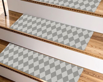 Gray Diamond Stair Treads – Minimalist Non-Slip Stair Rugs, Modern Pattern Carpet Strips, Washable Stair Pads for Home and Office Decor