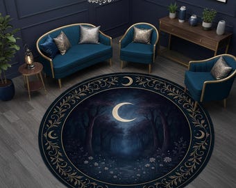 Moonlit Forest Rug – Round Crescent Moon Carpet with Mystical Woods Design, Celestial Blue Rug for Dreamy and Gothic Inspired Home Decor