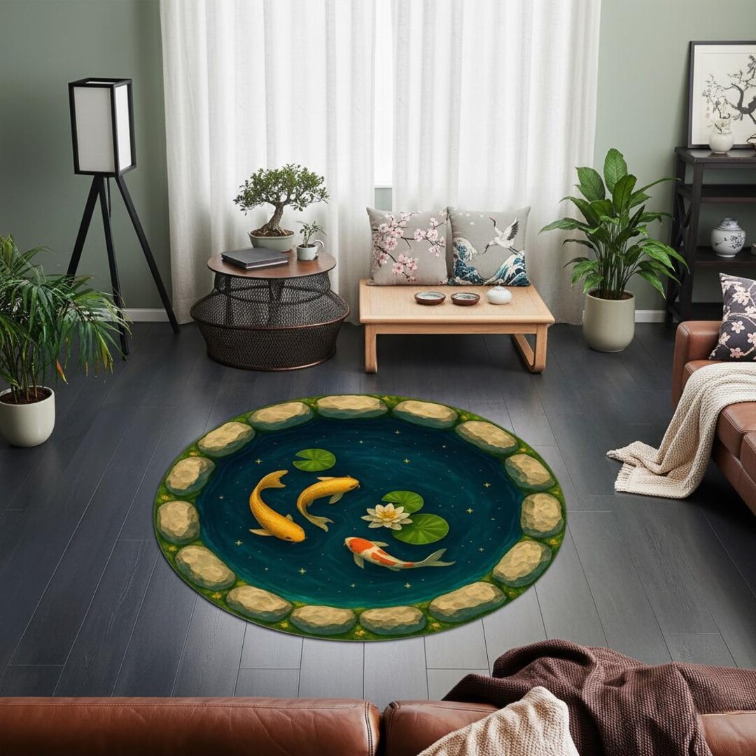 Pond/water Rug Koi Pond Harmony Rug – Round Koi Fish Carpet With Water Lily and Rock ...
