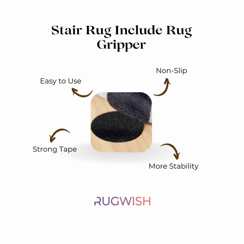 K&ouml;nnte beinhalten: Bild eines Treppenstufen-Teppichhalters mit dem Text "Stair Rug Include Rug Gripper". Das Bild hebt Merkmale wie "Einfach zu bedienen", "Rutschfest", "Starkes Klebeband" und "Mehr Stabilit&auml;t" hervor. Der Markenname "RUGWISH" ist ebenfalls sichtbar.