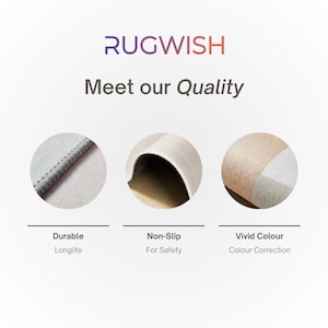 May include: Close-up of three rug details highlighting durability, non-slip backing, and vivid color. The text "RUGWISH Meet our Quality" is at the top of the image.