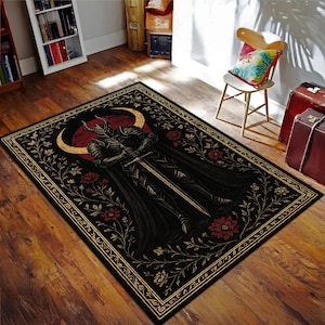 Tappeto gotico Dark Knight – Tappeto da guerriero medievale con luna rossa e bordo floreale per la sala giochi fantasy o l&#39;arredamento della camera da letto