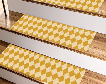 Gelbe Diamant Treppenstufen - Moderne rutschfeste Teppich-Streifen für Innentreppen, Waschbare Geometrische Teppich-Pads, Retro Mid-Century Stufenmatte