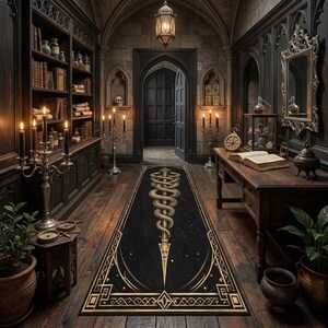 Puede incluir: Una alfombra de pasillo rectangular y larga de color negro que presenta un símbolo de caduceo dorado central con líneas intrincadas y patrones de borde geométricos, colocada sobre un suelo de madera oscura en una habitación con estanterías.