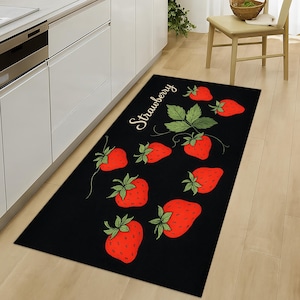 Strawberry Kitchen Rug - Cute Fruit Themed Floor Mat for Food Lovers, Red Berry Runner Carpet for Mornings, Whimsical Kitchen Decor