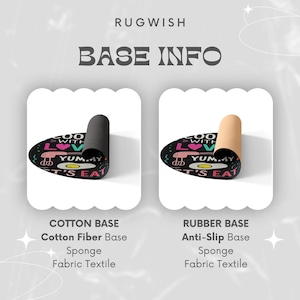 The image is a promotional graphic for a rug with a base, featuring two different types of bases: a cotton fiber base and a rubber base.