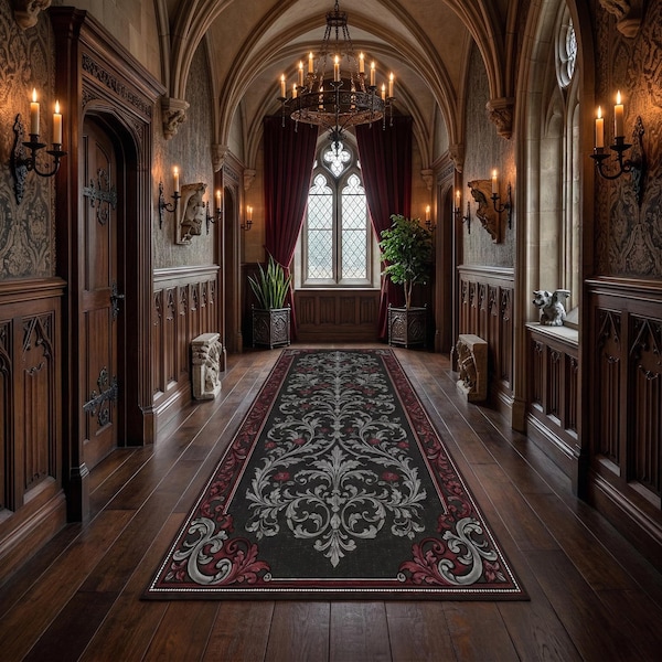 Alfombra de pasillo estilo gótico barroco con motivos florales, adorno de volutas vintage y detalles rojos, estilo victoriano.