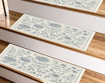 Florale Treppenstufen mit Vintage Botanischem Muster - Rutschfeste, waschbare Treppenteppiche, elegantes Pfingstrosen- und Blattdesign für Cottage oder klassisches Dekor